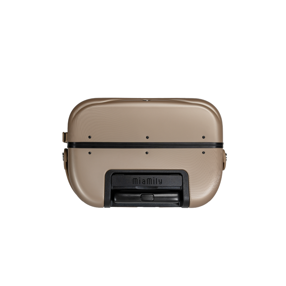 MiaMily Carry On suitcase in champagne gold with smooth surface, sleek handle, and four spinner wheels for easy travel.