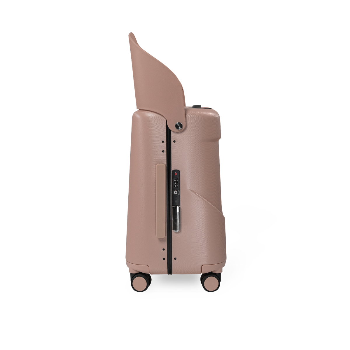 Dusty pink MiaMily Carry On suitcase with smooth wheels and handle, featuring a sleek, compact design for travel.