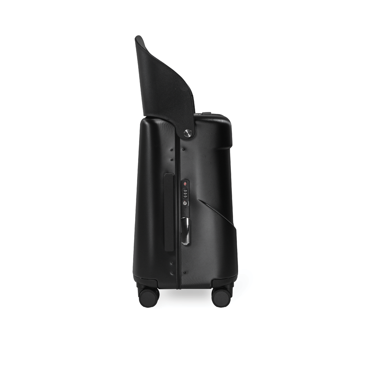 Midnight black MiaMily Carry On suitcase with four spinner wheels and a telescopic handle, lightweight and durable for travel.