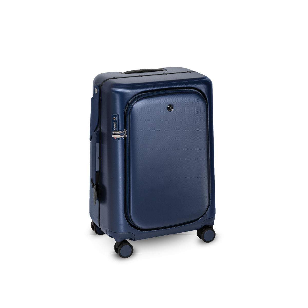 Navy blue MiaMily Check in Plus suitcase with sturdy handles and four spinner wheels for smooth travel.