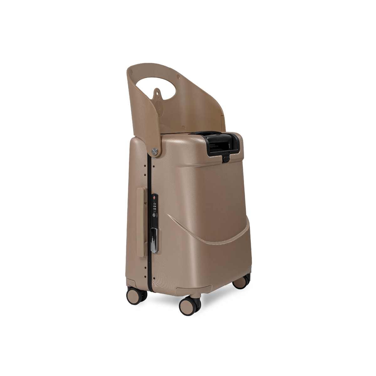 MiaMily Carry On suitcase in elegant champagne gold with a smooth hard shell and retractable handle for travel.