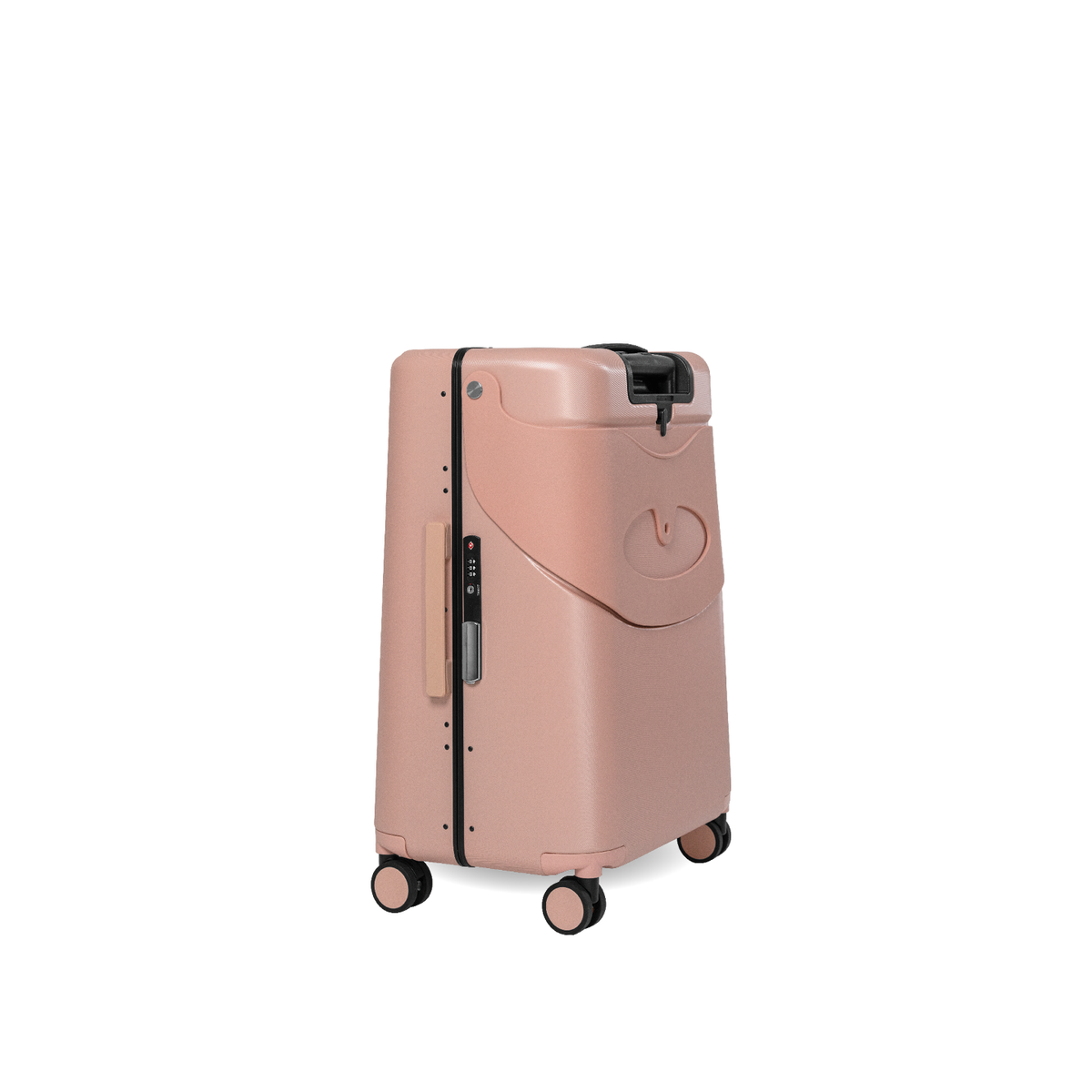 Dusty pink MiaMily Check In suitcase with four spinner wheels, telescopic handle, and durable hard shell exterior.