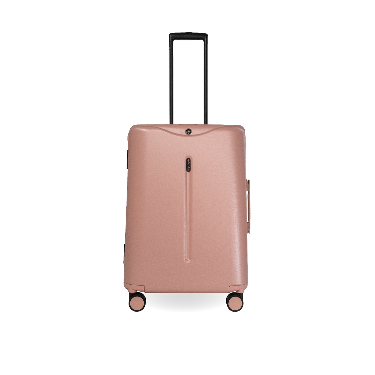 MiaMily Check In suitcase in dusty pink with hard shell exterior, four wheels, and an extendable handle for travel.